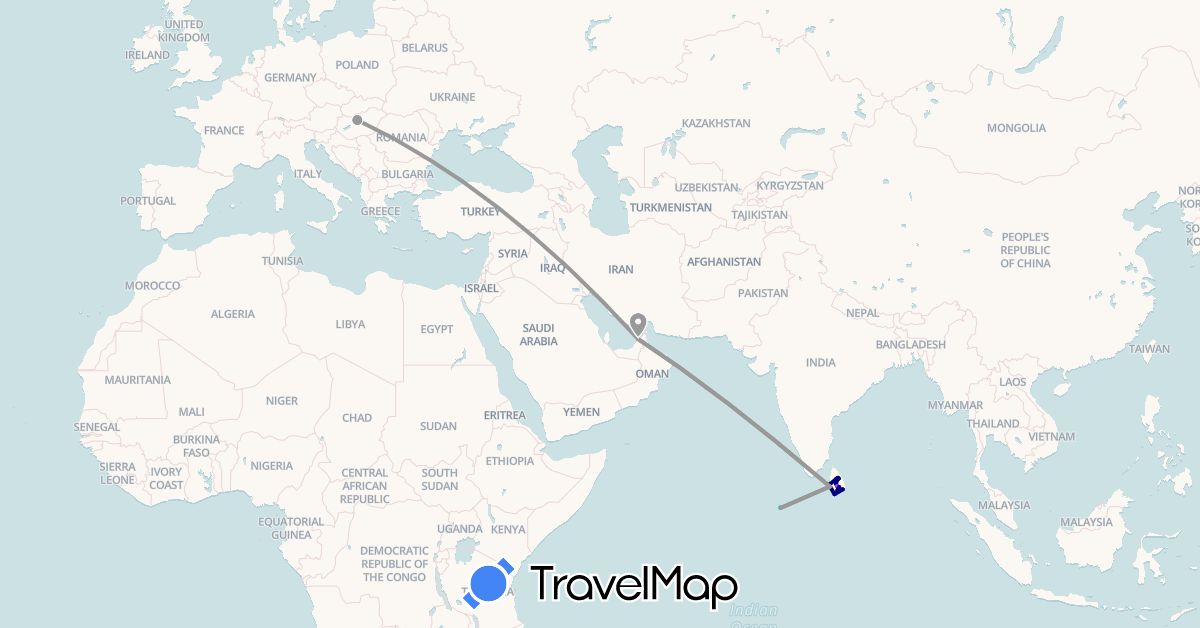 TravelMap itinerary: driving, plane, train, boat in United Arab Emirates, Hungary, Sri Lanka, Maldives (Asia, Europe)